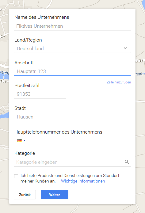 Screenshot Formular zur Eingabe von Unternehmensdaten für Google MyBusiness